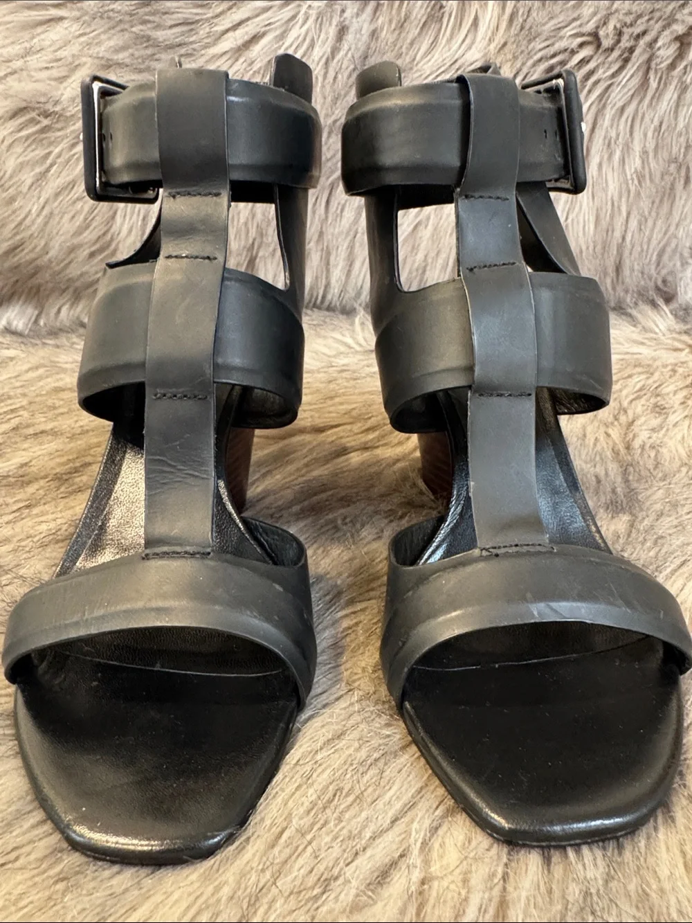 10 Crosby Derek Lam Black Leather Strappy Wedge Sandals Size 5.5